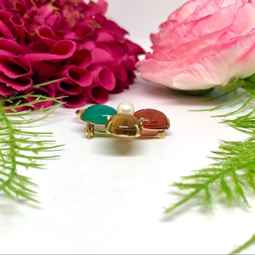 VINTAGE⚜️12K GF Gemstone & Cultured Pearl Clover Ronci Brooch - Picture 5 of 8